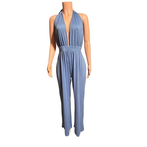 Shein blue plunge halter neck wide leg jumpsuit XL - Picture 2 of 7